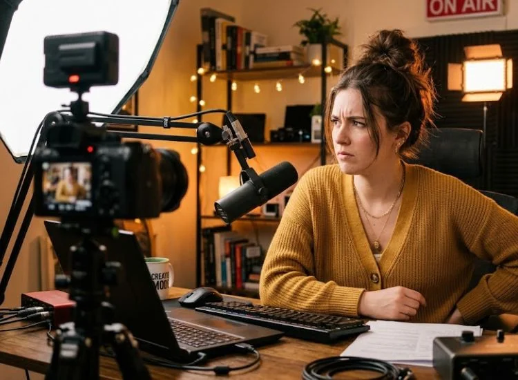 Content creator looking away from camera lens while recording, illustrating a common teleprompter mistake
