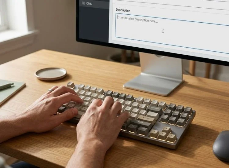 Hands typing a YouTube video description into YouTube Studio on a desktop computer