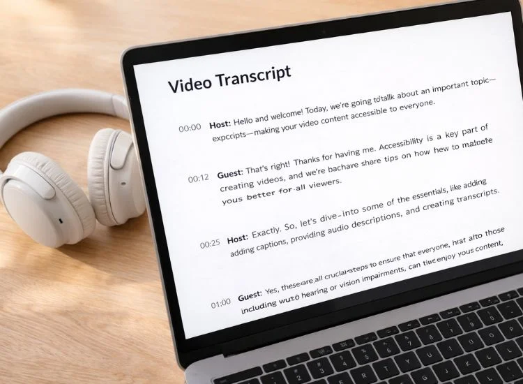 A formatted video transcript displayed on a laptop screen with speaker labels and timestamps, representing accessible content for all viewers