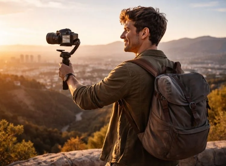 travel vlogger filming a vlog in a scenic spot