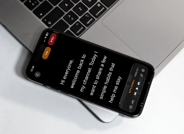 teleprompter app showing on a smartphone screen with vlogging script