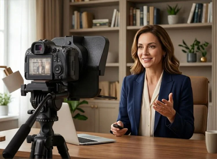 Content creator recording a video with a teleprompter app mounted next to a camera on a tripod