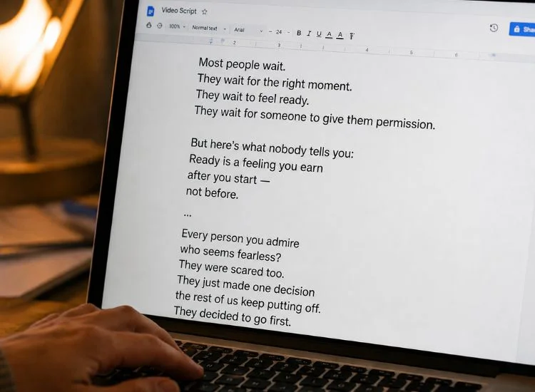 Example of a correctly formatted teleprompter script with short lines and large readable font on a laptop screen
