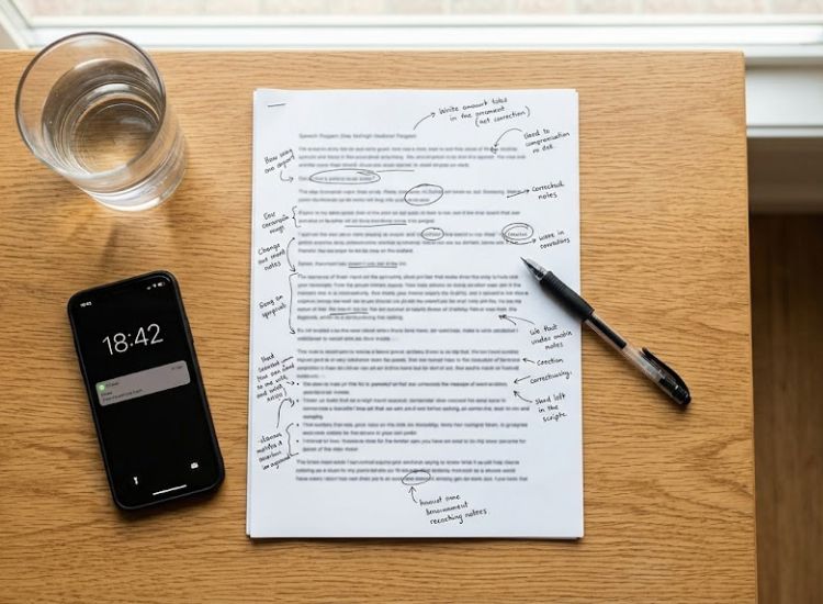 (Speech script with handwritten hook notes and preparation materials laid out on a desk before a presentation