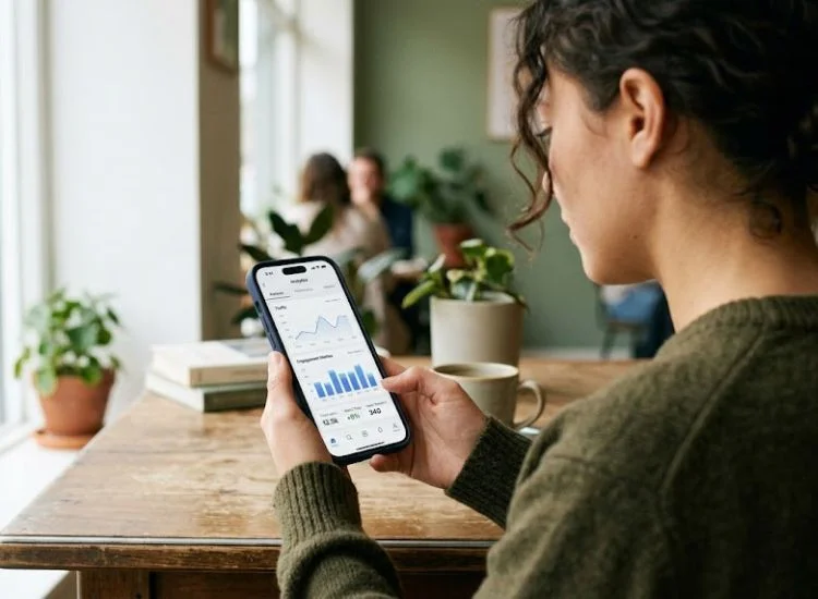 Content creator checking Instagram Professional Dashboard on smartphone to find trending Reels data and analytics
