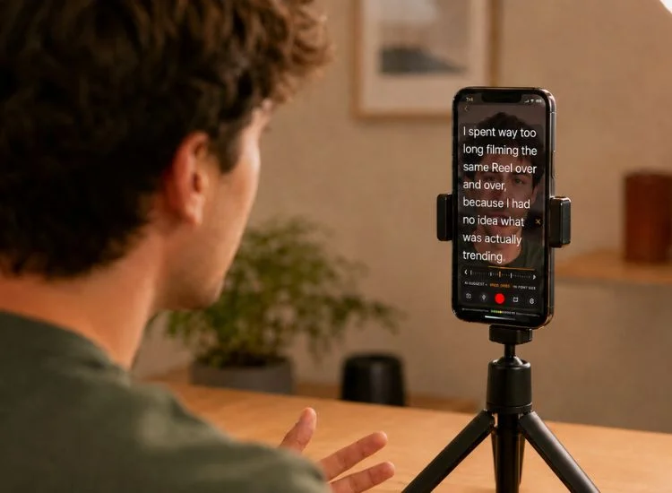 Content creator using a teleprompter app on a tablet while filming an Instagram Reel on a smartphone, maintaining eye contact with the camera