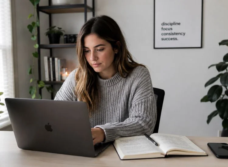 Content creator planning an Instagram Reels strategy at a desk with a notebook, laptop, and smartphone, reviewing trending content ideas