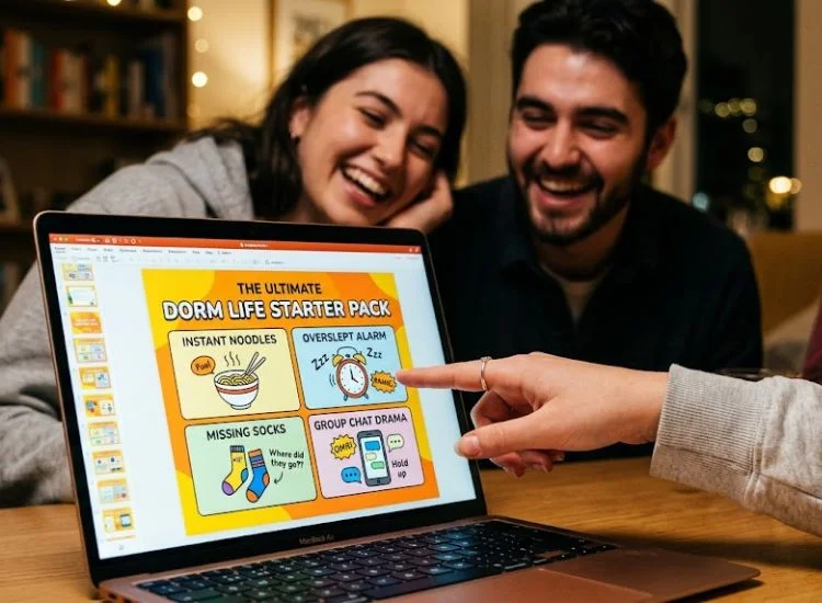 Colorful slide deck on a laptop screen during a who's who PowerPoint night round