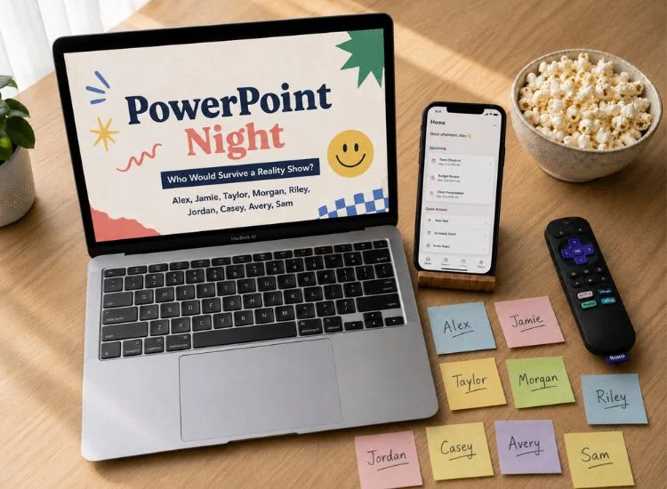 Simple PowerPoint night hosting setup with a laptop, phone, and snacks on a table
