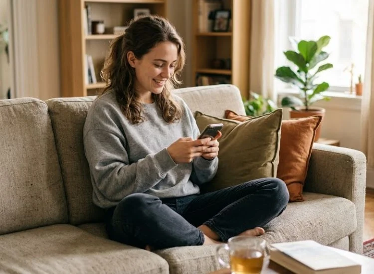 Content creator sitting and checking smartphone engagement metrics after posting a TikTok video