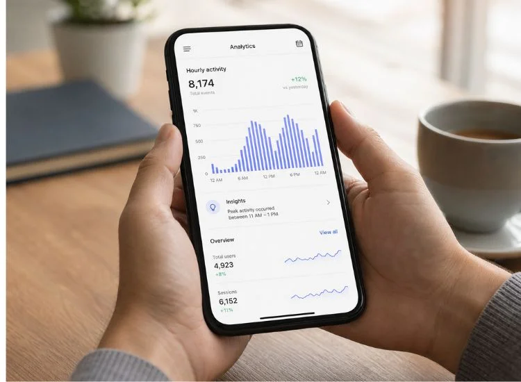 Close-up of a smartphone showing social media analytics follower activity graph — how to find the best time to post on TikTok