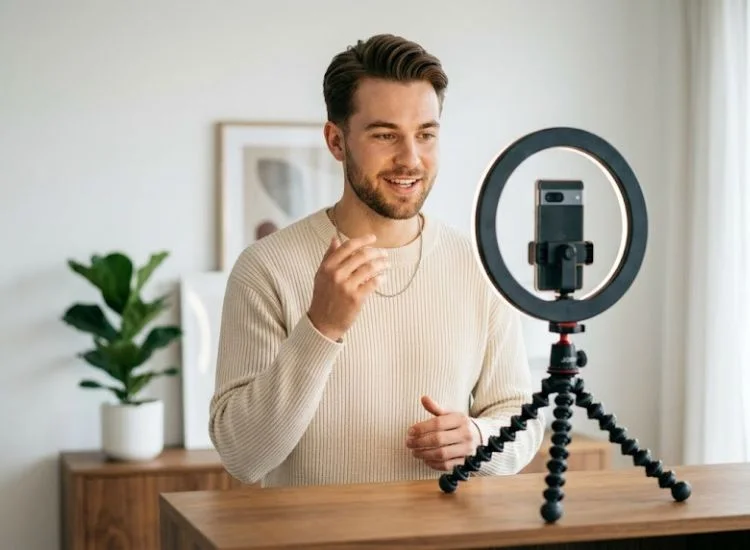 Content creator filming a scripted talking-head video on smartphone with ring light in a home studio setup