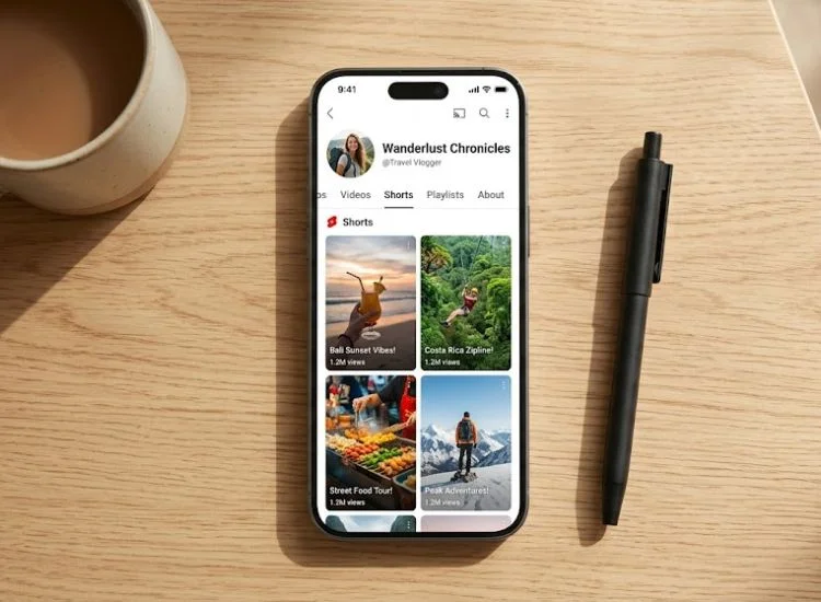 smartphone showing a YouTube profile with vertical videos-shorts 