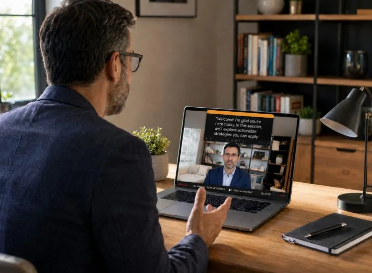 Educator using a laptop teleprompter to deliver an online course or webinar with confidence