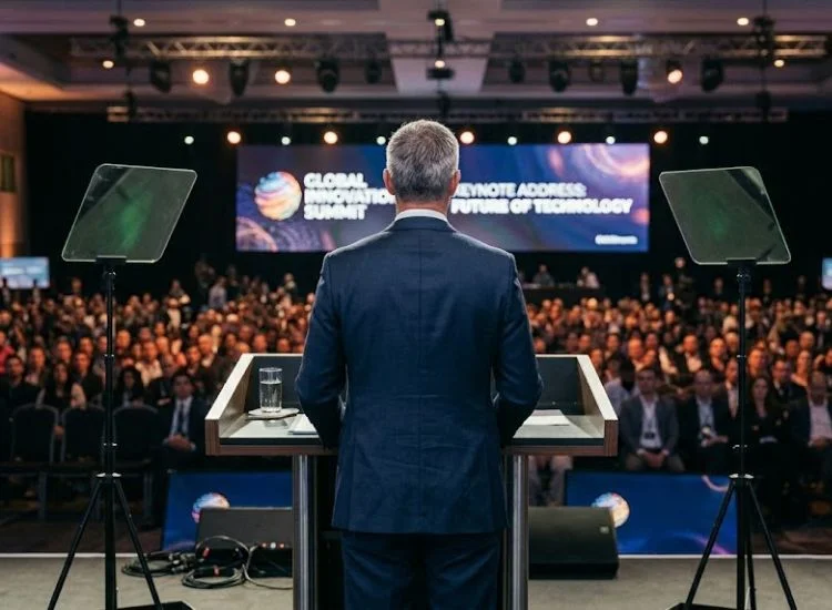 Speaker at a podium using a presidential teleprompter setup with two angled glass panels during a live conference
