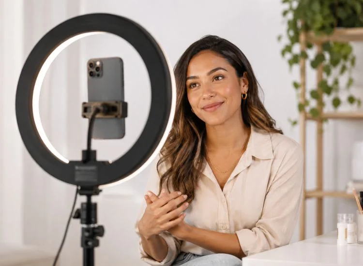 Content creator using a teleprompter app on a smartphone while filming a talking-head video in a home studio setup