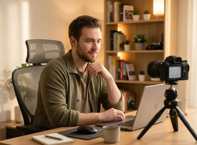 Video creator practicing teleprompter delivery at home, looking relaxed and confident on camera with a script visible on a laptop screen