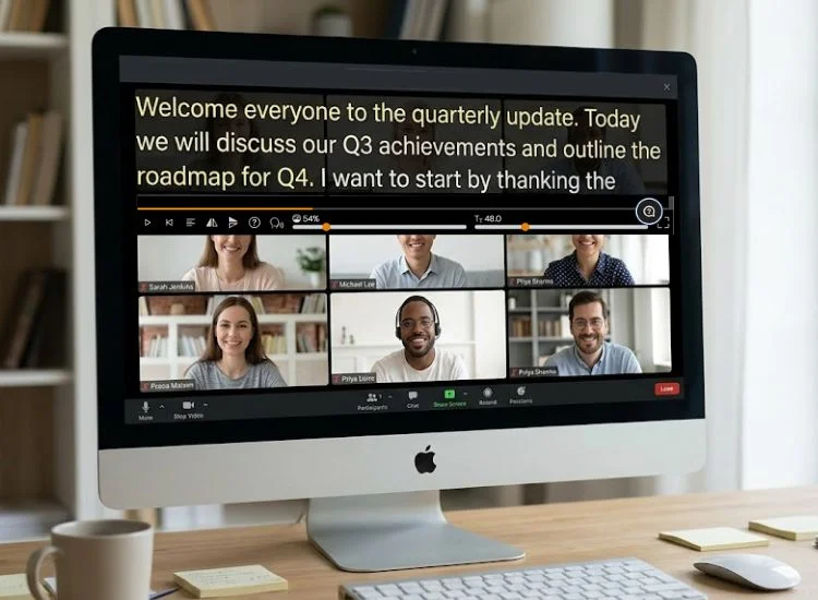 Teleprompter overlay positioned at the top of a Mac screen with a Zoom meeting in gallery view visible through the semi-transparent script window