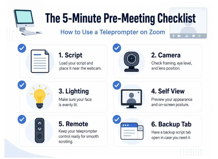 Five-minute pre-meeting checklist infographic for setting up a teleprompter on Zoom covering script, camera, lighting, self view, remote, and backup ta