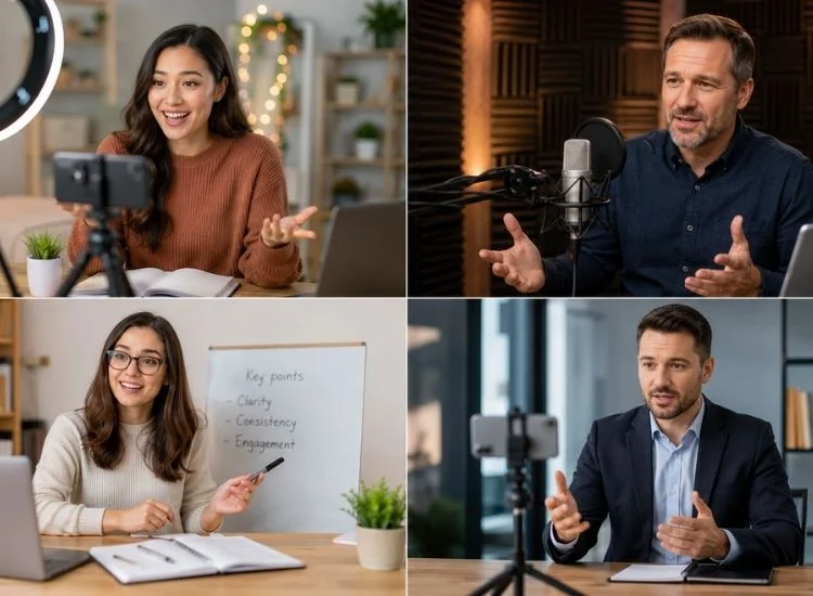 Four professionals using teleprompter apps: a YouTuber, a podcaster, an educator, and a business presenter