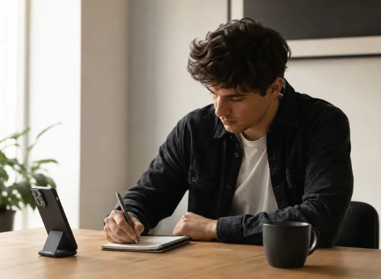 Content creator writing a YouTube Shorts script at a desk with a smartphone nearby for vertical video filming