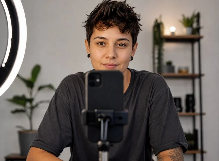 Minimal YouTube Shorts filming setup with a smartphone on a tripod and a ring light against a neutral background