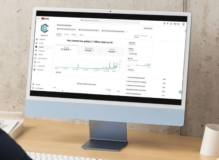 Computer screen showing a YouTube Shorts analytics dashboard with average view duration graph and traffic source breakdown
