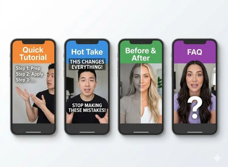 Four smartphone screens side by side showing YouTube Shorts content formats: quick tutorial, hot take, before and after, and FAQ