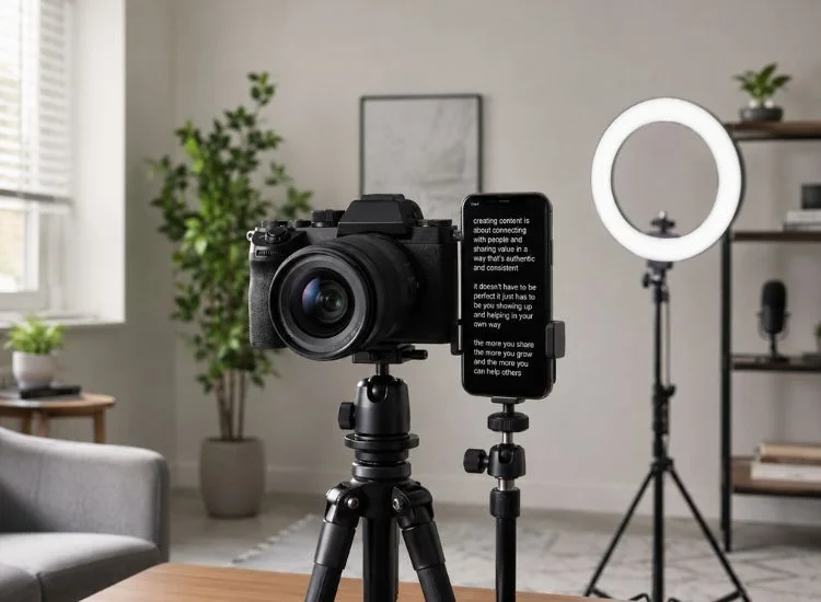 smartphone teleprompter app positioned next to a camera lens