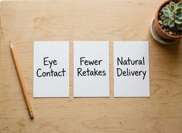 Visual summary of teleprompter benefits: eye contact, fewer retakes, and natural delivery for video creators
