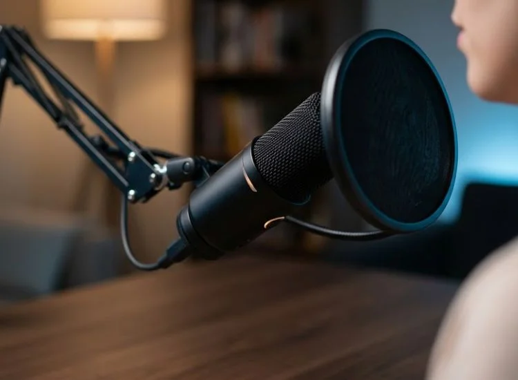 USB cardioid microphone on a desk boom arm with a pop filter positioned off-axis for live streaming