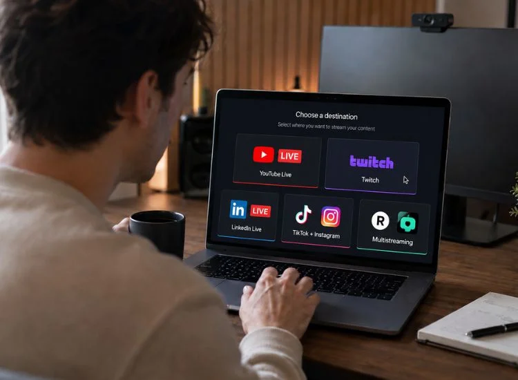 creator choosing between five live streaming platforms, YouTube Live, Twitch, LinkedIn Live, TikTok Live, and Instagram Live,  on a laptop screen