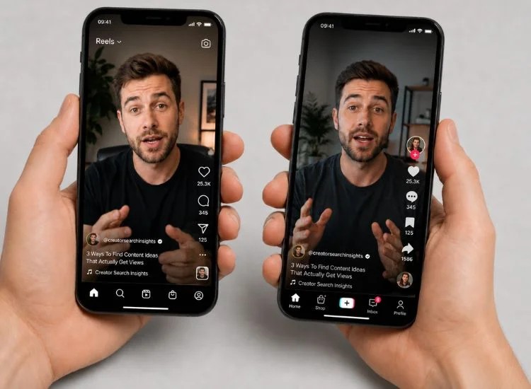 Two smartphones showing vertical video on TikTok and Instagram Reels for shareable content
