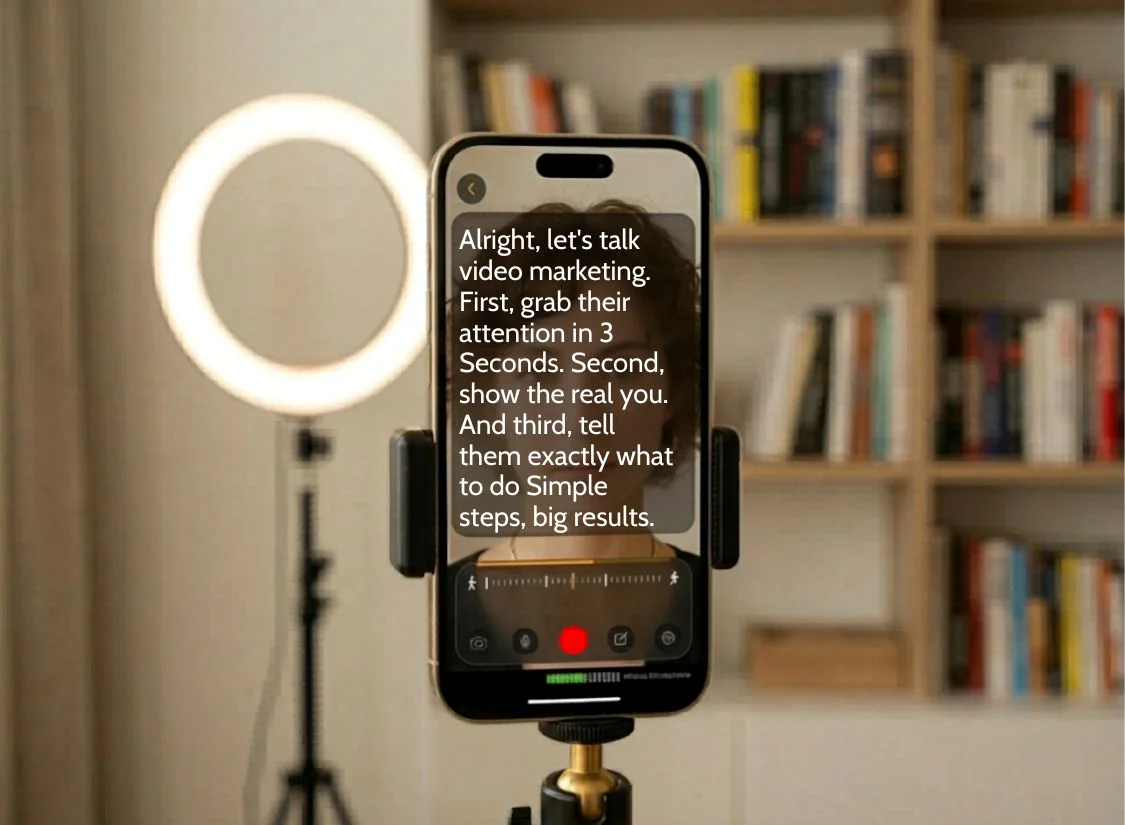 Content creator maintaining eye contact with camera while using a teleprompter app for video delivery