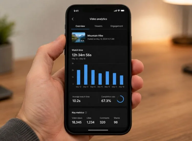 TikTok analytics screen showing high video completion rate on a smartphone