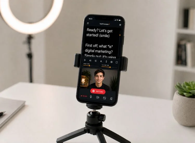 Smartphone on a tripod showing a teleprompter script ready to record a TikTok video