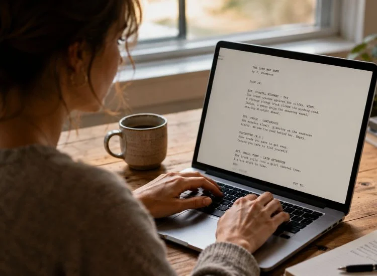 Creator writing a short TikTok script on a laptop formatted for teleprompter use