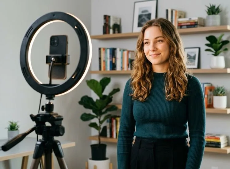 Creator maintaining eye contact with phone camera while using a teleprompter app