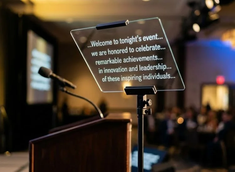 Speaker's point-of-view through a presidential teleprompter glass panel