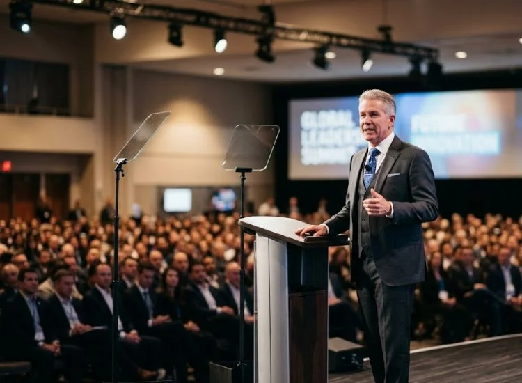 Corporate executive delivering a keynote speech with presidential teleprompter glass panels