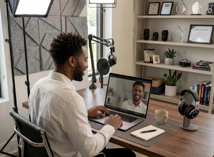 Content creator reading from a teleprompter app on a laptop while recording a video