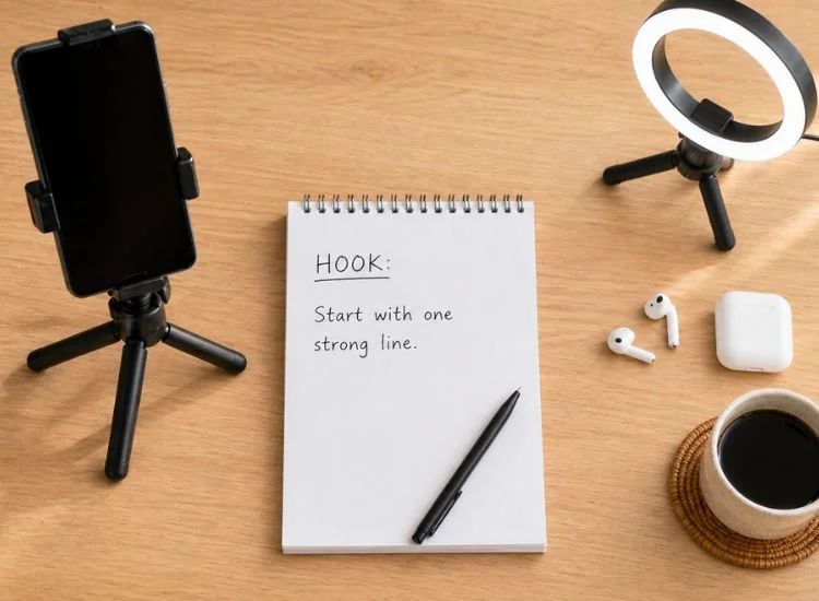Content creator filming setup with a scripted hook note for a TikTok video