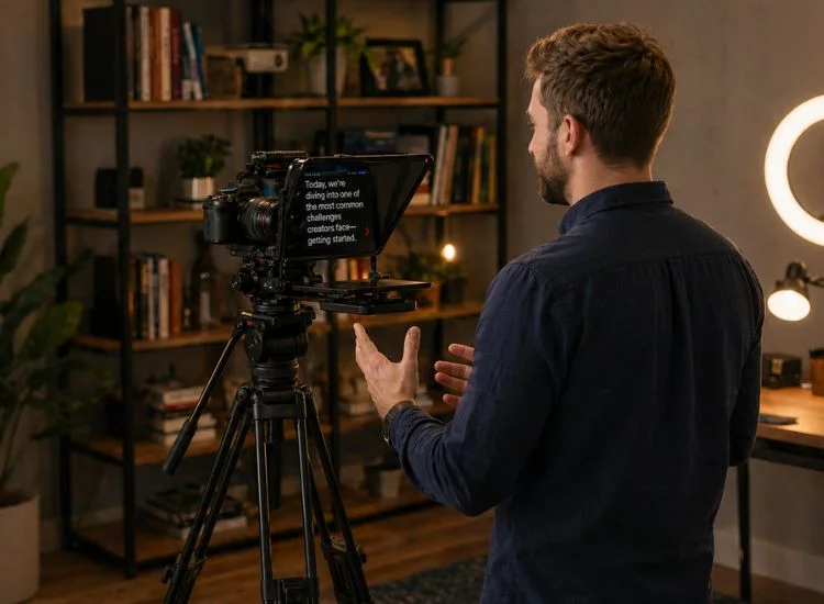 Content creator using a teleprompter to deliver a scripted TikTok hook on camera
