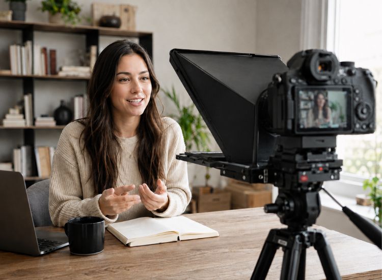 Solo content creator using a tablet teleprompter rig while filming at a home studio desk