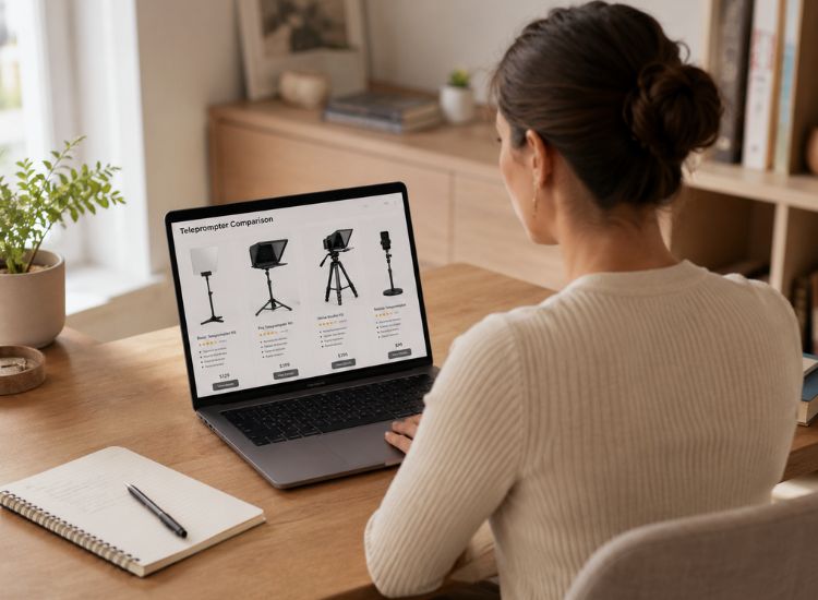 Person researching and comparing teleprompter types on a laptop at a home office desk