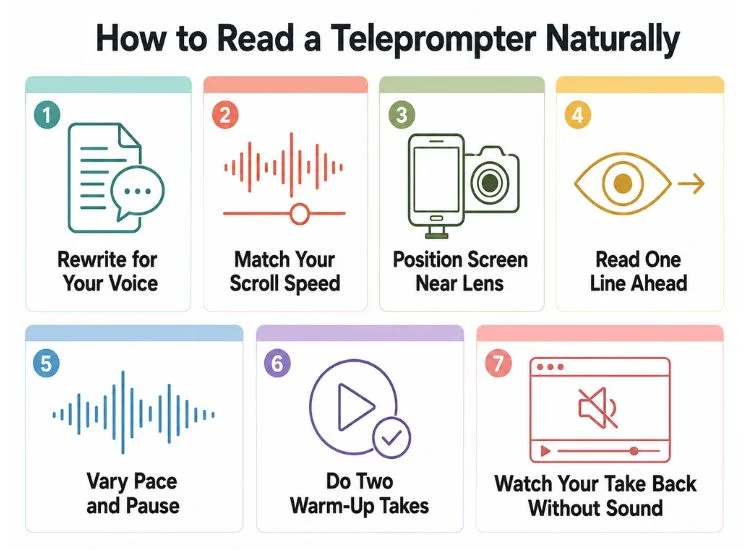 Seven-step infographic showing how to read a teleprompter naturally