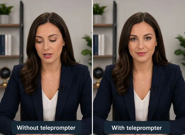 camera without a teleprompter vs looking directly into the lens with one