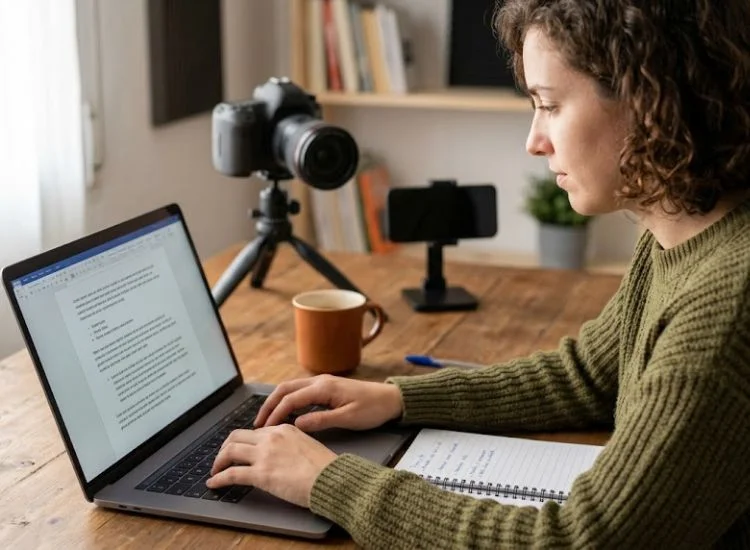 Content creator writing a live streaming script on a laptop with a camera and phone setup