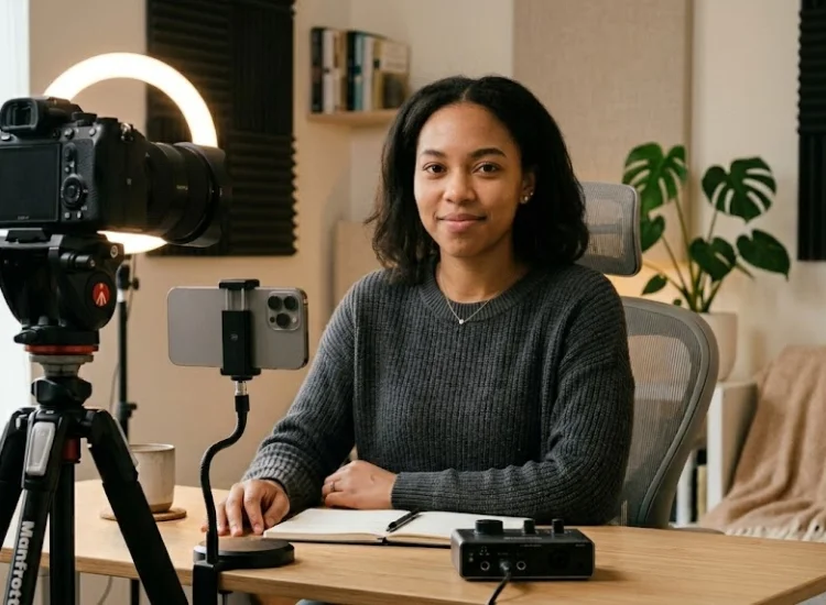 Content creator using a teleprompter app on a phone next to a camera while going live