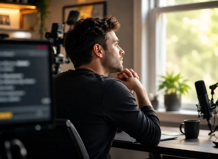 Creator using the 20-20-20 rule between teleprompter recording takes